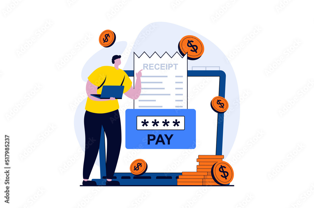 Electronic receipt concept with people scene in flat cartoon design. Man makes secure payment of bills using password to enter online account in banking. Vector illustration visual story for web Electronic receipt concept with people scene in flat cartoon design. Man makes secure payment of bills using password to enter online account in banking. Vector illustration visual story for web