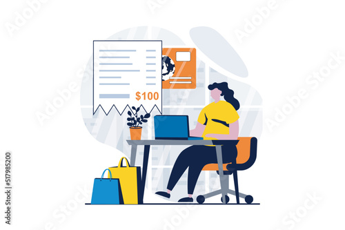 Electronic receipt concept with people scene in flat cartoon design. Woman doing online shopping, ordering goods and paying bills online from laptop at home. Vector illustration visual story for web