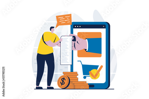 Electronic receipt concept with people scene in flat cartoon design. Man receives invoice for paying taxes and makes online payment using mobile application. Vector illustration visual story for web