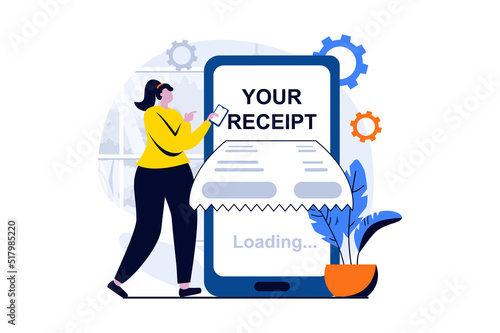 Electronic receipt concept with people scene in flat cartoon design. Woman receives bill and pays online using mobile phone. Banking services and transfers. Vector illustration visual story for web