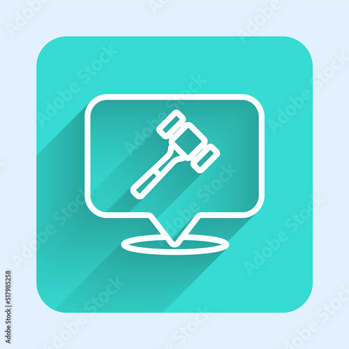 White line Auction hammer icon isolated with long shadow background. Gavel - hammer of judge or auctioneer. Bidding process, deal done. Auction bidding. Green square button. Vector