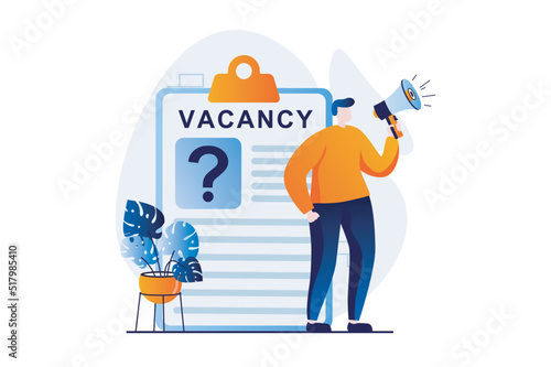 Employee hiring process concept with people scene in flat cartoon design. Man with megaphone announces vacancy and looking for professionals in company. Vector illustration visual story for web