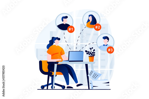 Employee hiring process concept with people scene in flat cartoon design. Woman looking for best candidate for job, looks at online resume, chooses employee. Vector illustration visual story for web