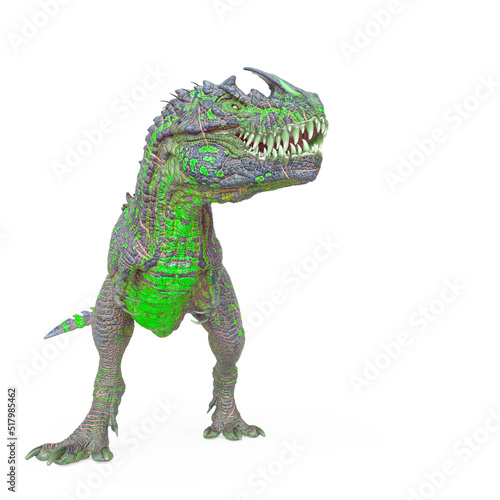 dinosaur monster is standing up and also looking for food on white background with copy space