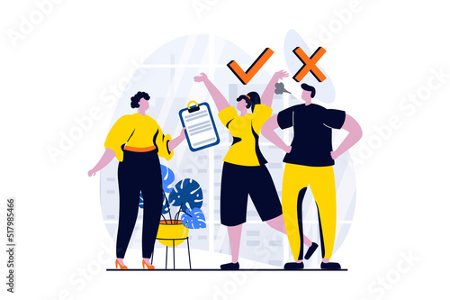 Employee hiring process concept with people scene in flat cartoon design. HR manager chooses between applicants of best professional for open vacancy in staff. Vector illustration visual story for web
