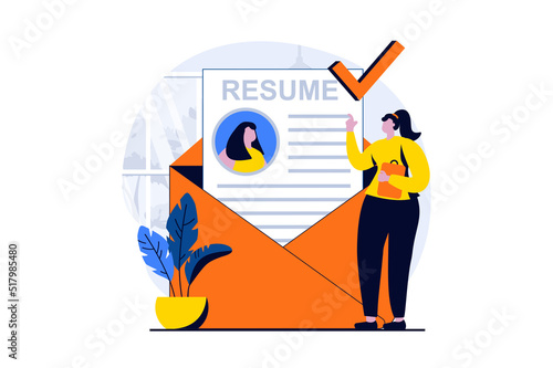 Employee hiring process concept with people scene in flat cartoon design. woman writes and sends online resume to company. Human resources and recruitment. Vector illustration visual story for web