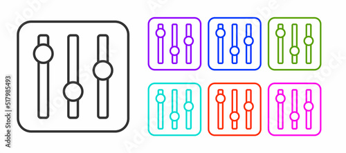 Black line Sound mixer controller icon isolated on white background. Dj equipment slider buttons. Mixing console. Set icons colorful. Vector