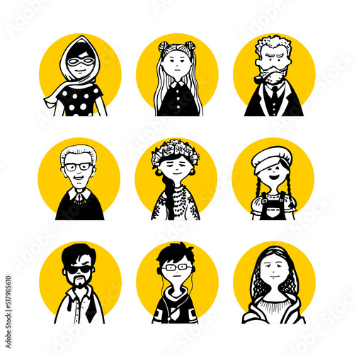 Collection 16 comic faces and characters of people in style of doodles for avatars in yellow circle and black-white icons and sets of icons and portraits of social networks for articles or site