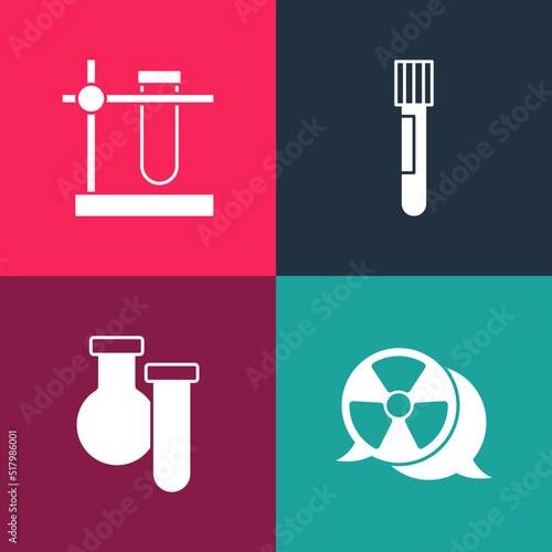 Set pop art Radioactive, Test tube and flask, and on stand icon. Vector
