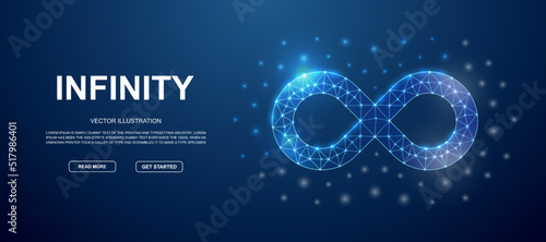 Infinity 3d low poly symbol with connected dots for blue landing page. Forever design illustration concept. Polygonal Endlessness illustration