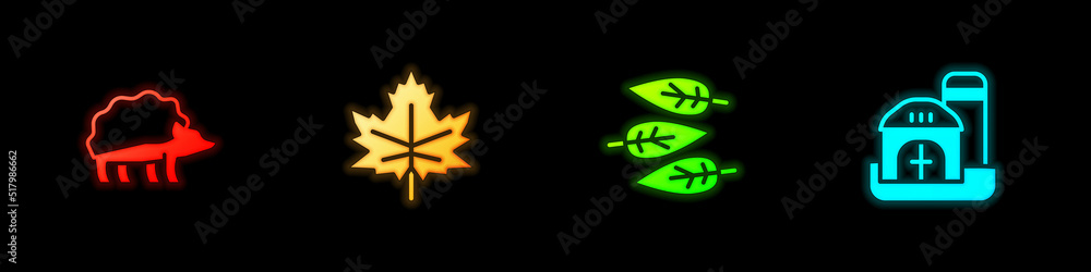 Set Hedgehog, Leaf or leaves, and Farm house icon. Vector Set Hedgehog, Leaf or leaves, and Farm house icon. Vector