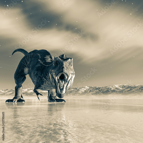 Schilderij op canvas tyrannosaurus rex is on ice age with copy space