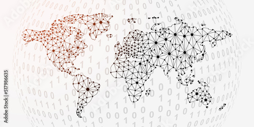 World Map 3d low poly symbol with binary code background. Travel design vector illustration. Earth planet polygonal symbol with connected dots