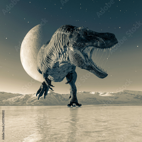 tyrannosaurus rex is walking on ice age