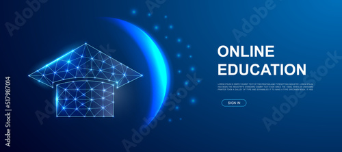 Graduation cap 3d polygonal symbol for website template. Low poly Education illustration for homepage design. E-learning design illustration concept.
