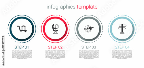 Set Trolley baggage, Airplane seat, Globe with flying and Road traffic sign. Business infographic template. Vector