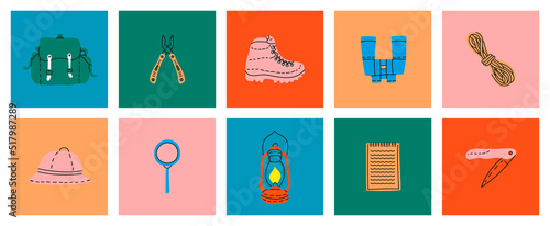 Vintage travel equipment set. Binoculars, hiking shoes, travel bag, rope, gas lamp, knife, notebook in trendy 80s style. Tourist accessories set