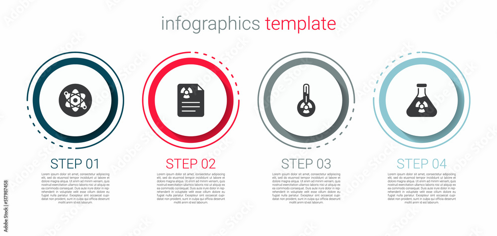 Set Atom, Radiation warning document, Meteorology thermometer and Test tube radiation. Business infographic template. Vector Set Atom, Radiation warning document, Meteorology thermometer and Test tube radiation. Business infographic template. Vector