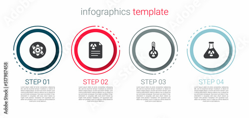 Set Atom, Radiation warning document, Meteorology thermometer and Test tube radiation. Business infographic template. Vector