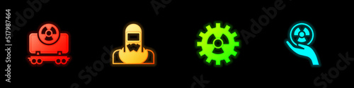 Set Radioactive cargo train, Nuclear reactor worker, and icon. Vector