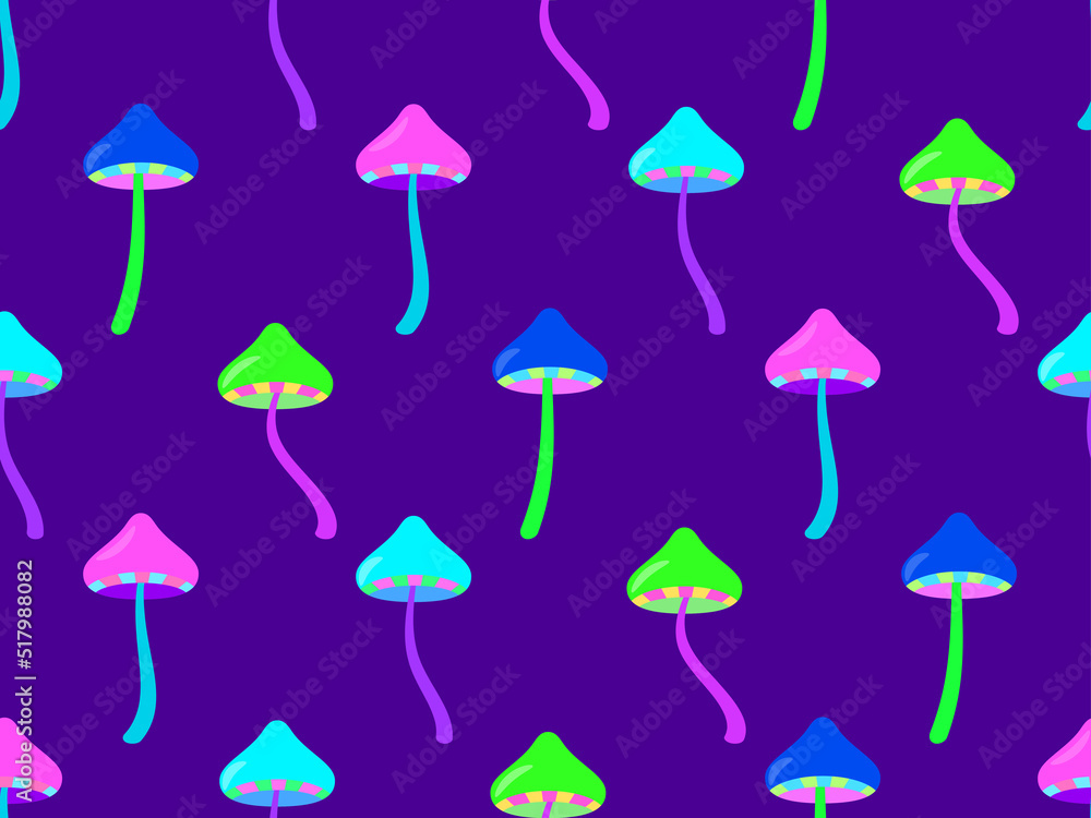 Psychedelic mushrooms seamless pattern. Acid trip, colorful mushrooms in the style of the 80s. Design for posters, banners and promotional products. Vector illustration Psychedelic mushrooms seamless pattern. Acid trip, colorful mushrooms in the style of the 80s. Design for posters, banners and promotional products. Vector illustration