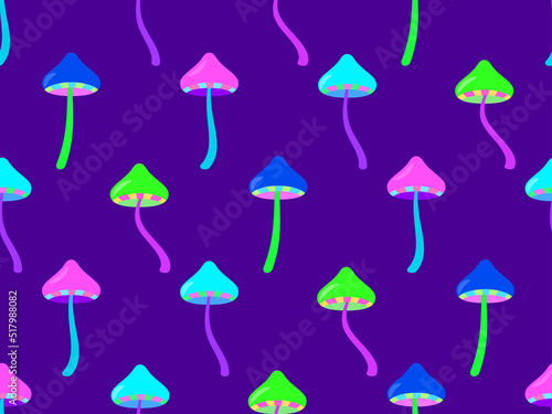 Psychedelic mushrooms seamless pattern. Acid trip, colorful mushrooms in the style of the 80s. Design for posters, banners and promotional products. Vector illustration