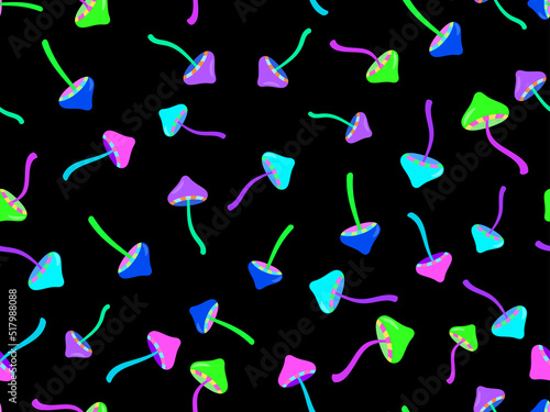 Psychedelic mushrooms seamless pattern. Acid trip, colorful mushrooms in the style of the 80s. Design for posters, banners and promotional products. Vector illustration