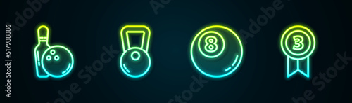 Set line Bowling pin and ball, Kettlebell, Billiard pool snooker and Medal. Glowing neon icon. Vector