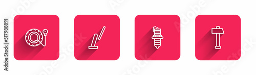 Set line Tire pressure gauge, Windscreen wiper, Car spark plug and Hammer with long shadow. Red square button. Vector