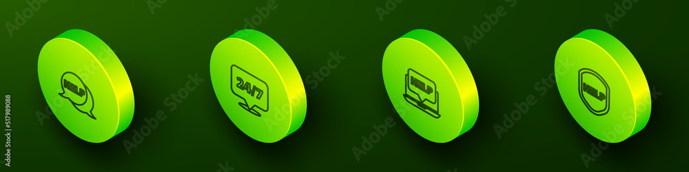 Set Isometric line Speech bubble with text Help, Clock 24 hours, Laptop and help and Shield icon. Vector Set Isometric line Speech bubble with text Help, Clock 24 hours, Laptop and help and Shield icon. Vector