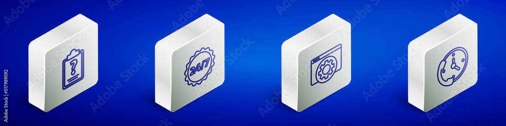 Set Isometric line Clipboard with question marks, Clock 24 hours, Browser setting and Telephone support icon. Vector Set Isometric line Clipboard with question marks, Clock 24 hours, Browser setting and Telephone support icon. Vector