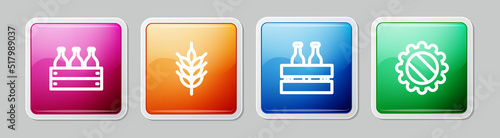 Set line Bottles of wine in a wooden box, Hop, Pack beer bottles and cap. Colorful square button. Vector