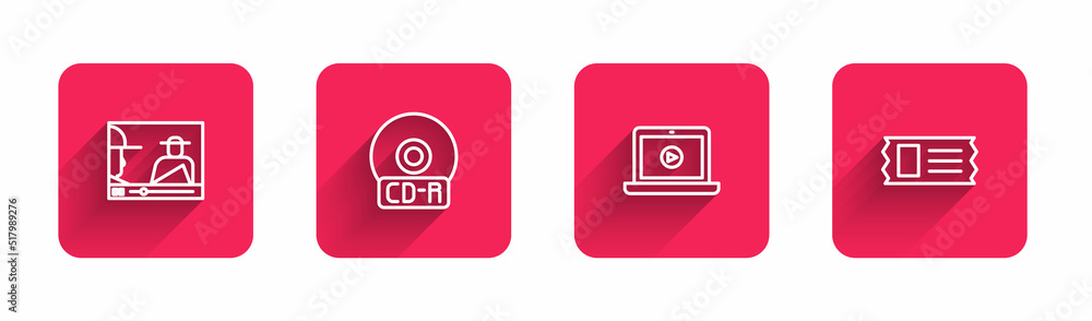 Set line Online play video, CD or DVD disk, and Cinema ticket with long shadow. Red square button. Vector Set line Online play video, CD or DVD disk, and Cinema ticket with long shadow. Red square button. Vector