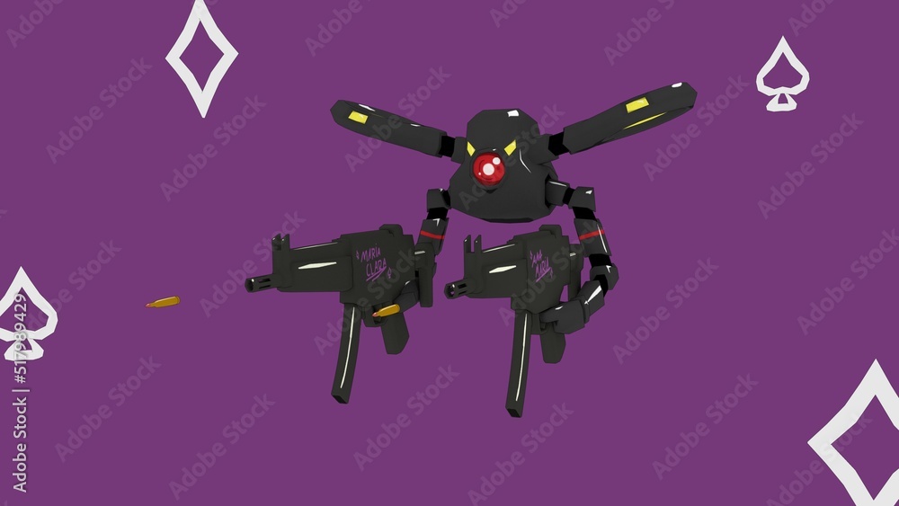 stopped machinegun black robot purple background spades golds