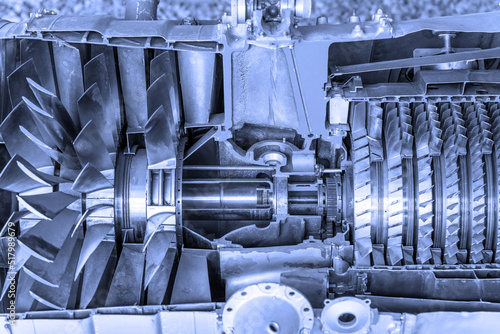 Εκτύπωση καμβά Front view of et engine cross section cutaway detail with a blue tint