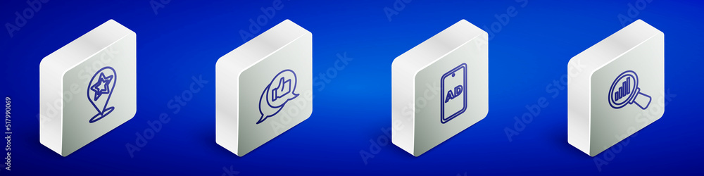 Set Isometric line Map pointer with star, Customer product rating, Advertising and Magnifying glass and analysis icon. Vector Set Isometric line Map pointer with star, Customer product rating, Advertising and Magnifying glass and analysis icon. Vector