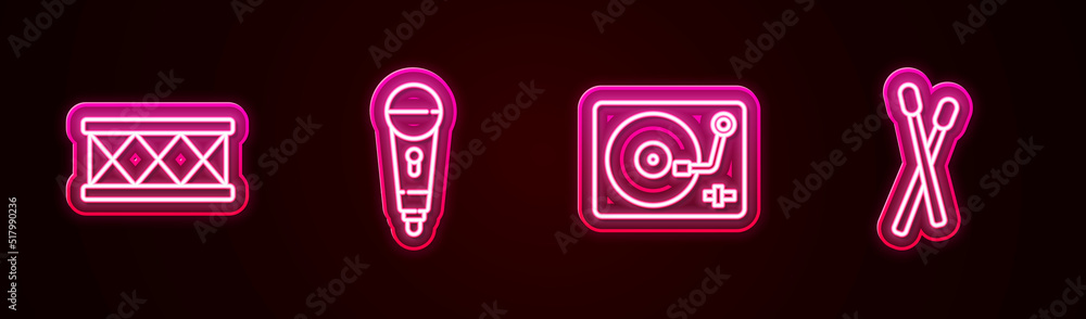 Set line Drum, Microphone, Vinyl player with vinyl disk and sticks. Glowing neon icon. Vector Set line Drum, Microphone, Vinyl player with vinyl disk and sticks. Glowing neon icon. Vector