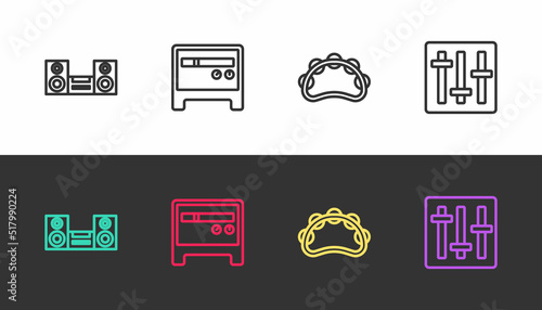 Set line Home stereo, Guitar amplifier, Tambourine and Sound mixer controller on black and white. Vector