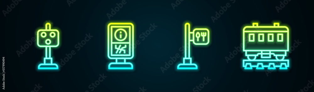 Set line Train traffic light, Information stand, Cafe restaurant location and Passenger train cars. Glowing neon icon. Vector Set line Train traffic light, Information stand, Cafe restaurant location and Passenger train cars. Glowing neon icon. Vector