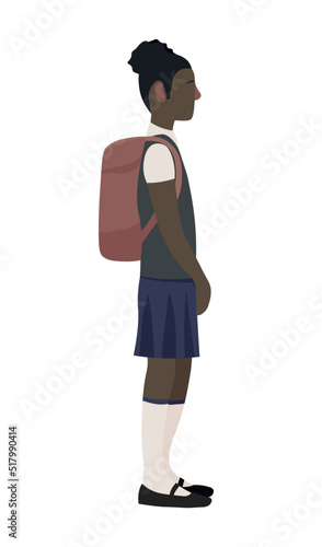 African-American schoolgirl with backpack on white background