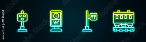 Set line Train traffic light, Information stand, Cafe restaurant location and Passenger train cars. Glowing neon icon. Vector