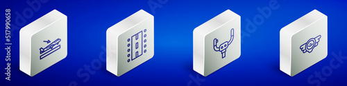 Set Isometric line Plane landing, Airport runway, Aircraft steering helm and Aviation emblem icon. Vector