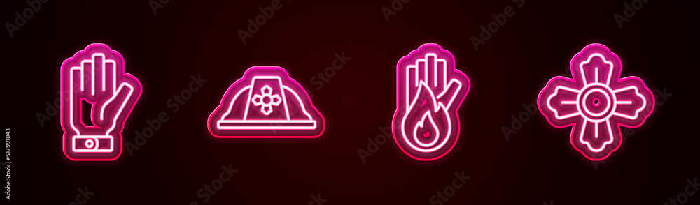Set line Firefighter gloves, helmet, No fire and . Glowing neon icon. Vector Set line Firefighter gloves, helmet, No fire and . Glowing neon icon. Vector