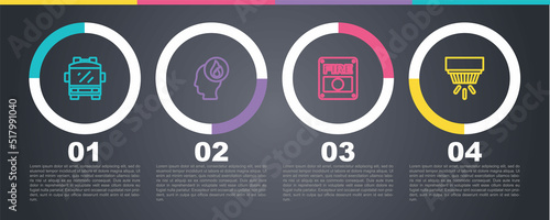 Set line Fire truck, Firefighter, alarm system and Smoke. Business infographic template. Vector