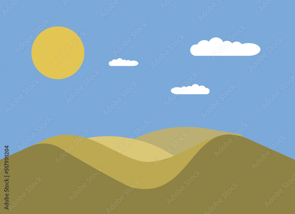 Drawing sand dunes in the desert in the daytime with the bright sun and scattered clouds professionally