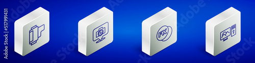 Set Isometric line Camera roll cartridge, Photo camera, fx and retouching icon. Vector