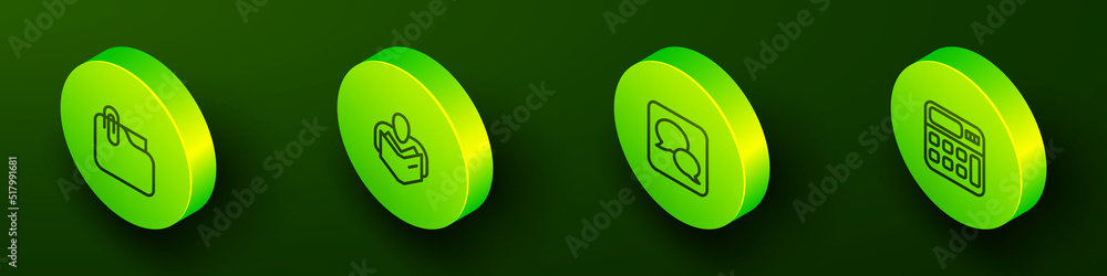 Set Isometric line Document folder with clip, Man reading book, Speech bubble chat and Calculator icon. Vector Set Isometric line Document folder with clip, Man reading book, Speech bubble chat and Calculator icon. Vector