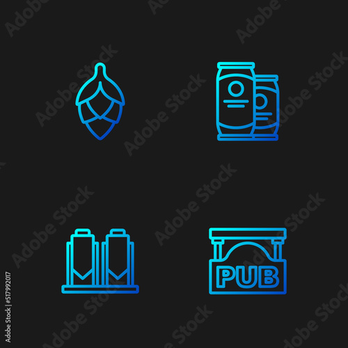 Set line Street signboard with Pub, Beer brewing process, Hop and can. Gradient color icons. Vector