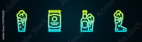 Set line Glass of beer, Beer can, bottle and glass and Boot. Glowing neon icon. Vector