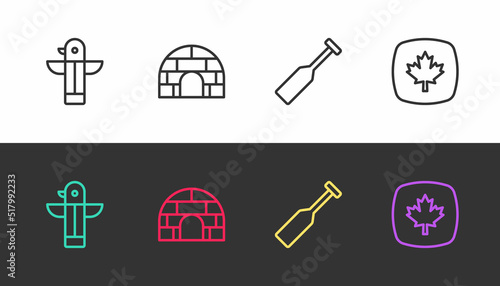 Set line Canadian totem pole, Igloo ice house, Paddle and maple leaf on black and white. Vector